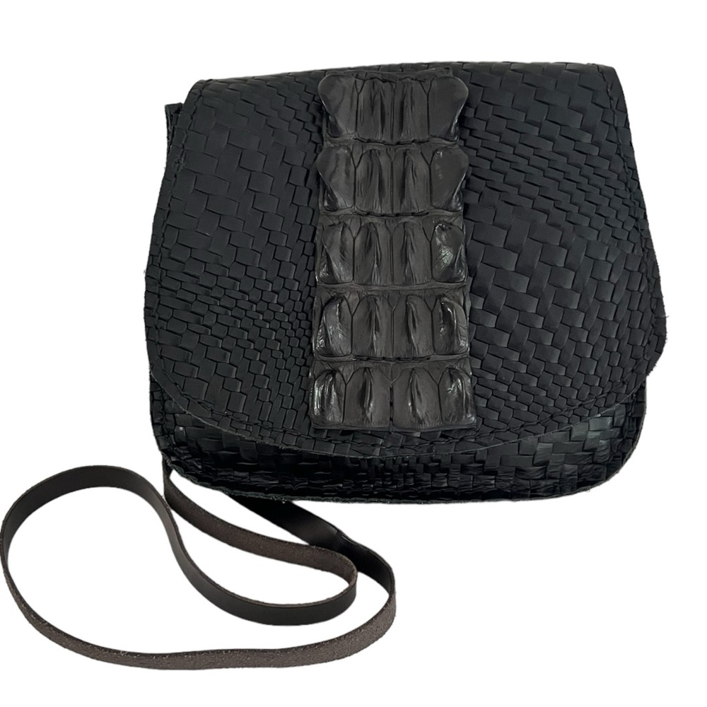 Horn-back Crocodile leather crossbody bag woven suede interior black bag
